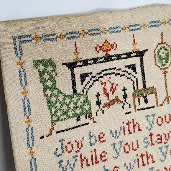 Vtg Colonial Amish Cross Stitch Sampler Sitting Area Fireplace Horse Carriage - Picture 2 of 3